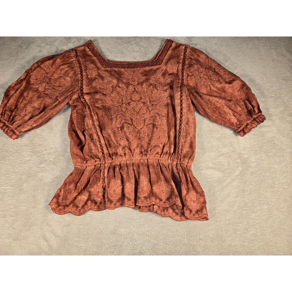 Democracy Womens Rust Terracotta Embroidered Peplum Blouse Puff Sleeve Medium